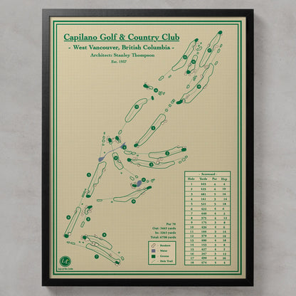 A framed golf course map print for Capilano Golf & Country Club