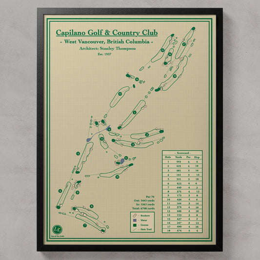 A framed golf course map print for Capilano Golf & Country Club