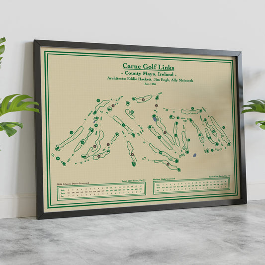 A framed vintage-style golf map print of the Carne Golf Links in County Mayo, Ireland,