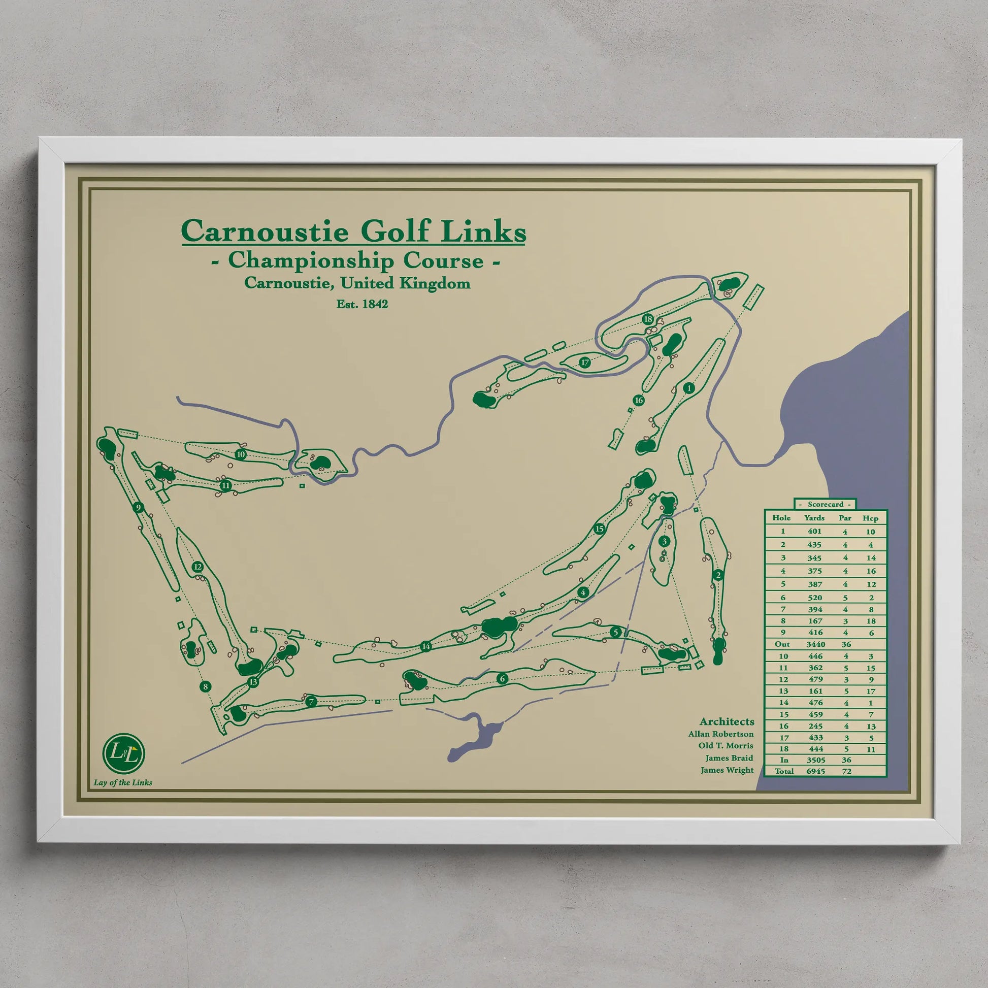 Framed map of Carnoustie Golf Links on a beige background