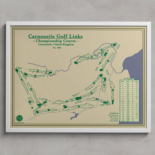 Framed map of Carnoustie Golf Links on a beige background