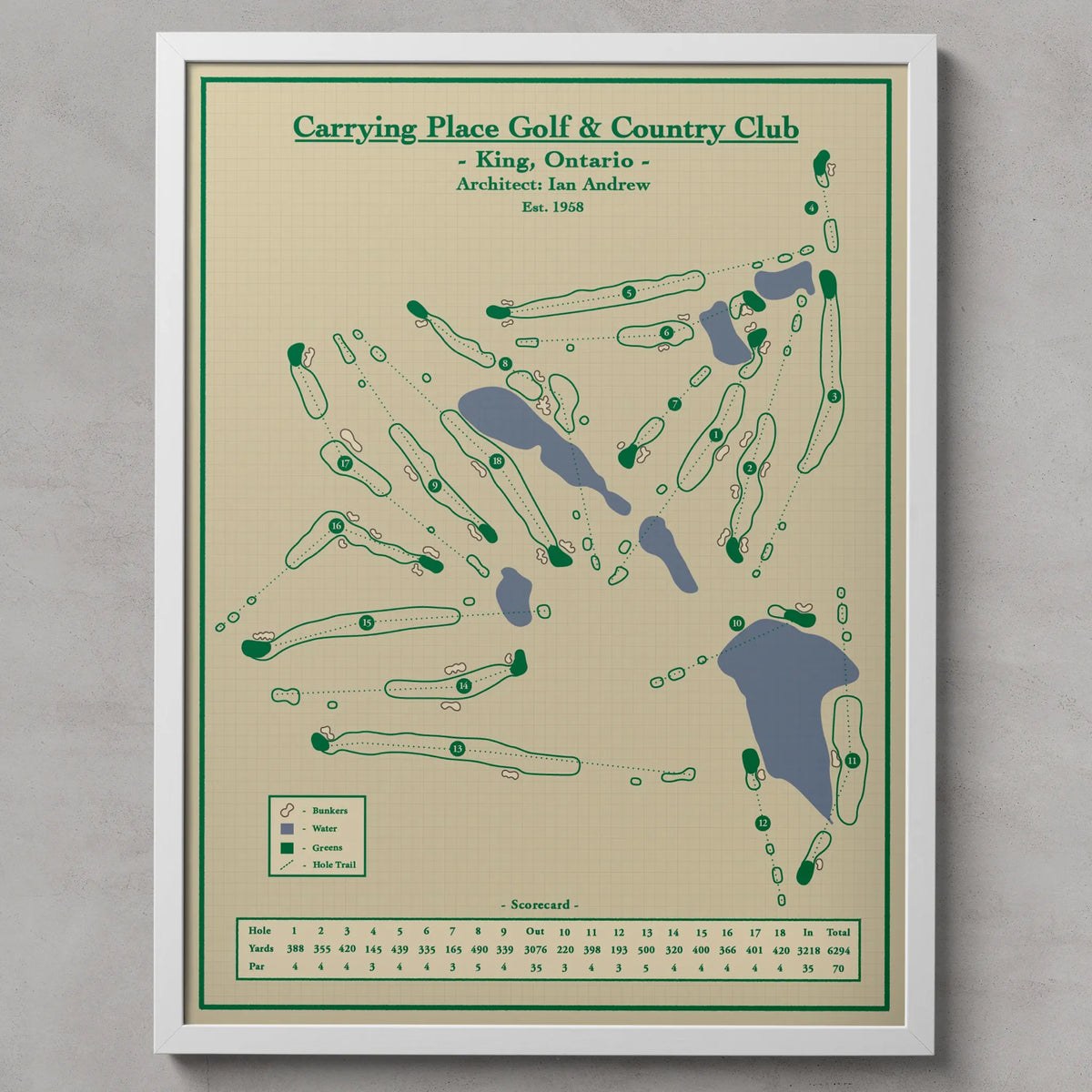 A framed vintage-style golf map print for Carrying Place Golf & Country Club, King, Ontario