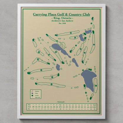 A framed vintage-style golf map print for Carrying Place Golf & Country Club, King, Ontario