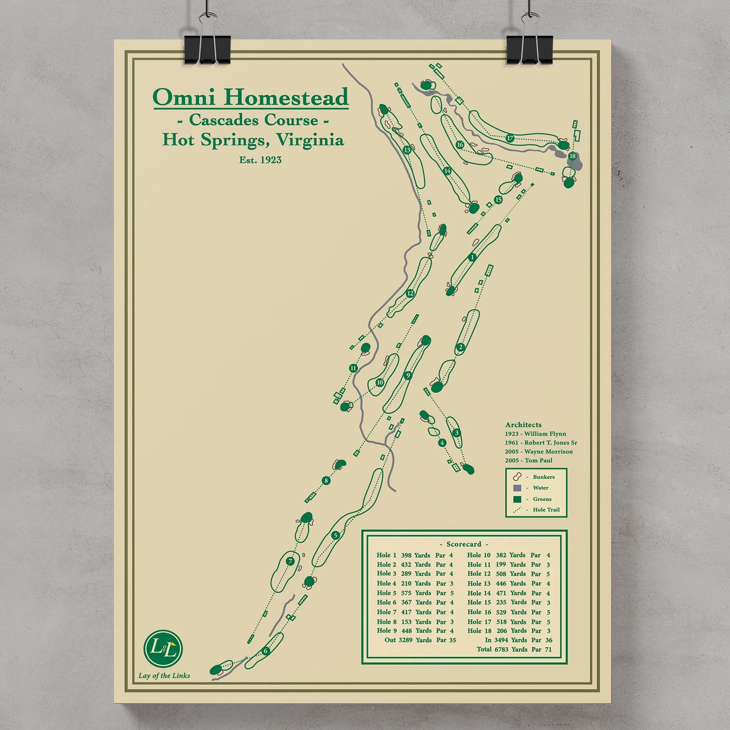 Golf course map blueprint of Omni Homestead Cascades Course in Hot Springs, Virginia, framed on a gray wall.