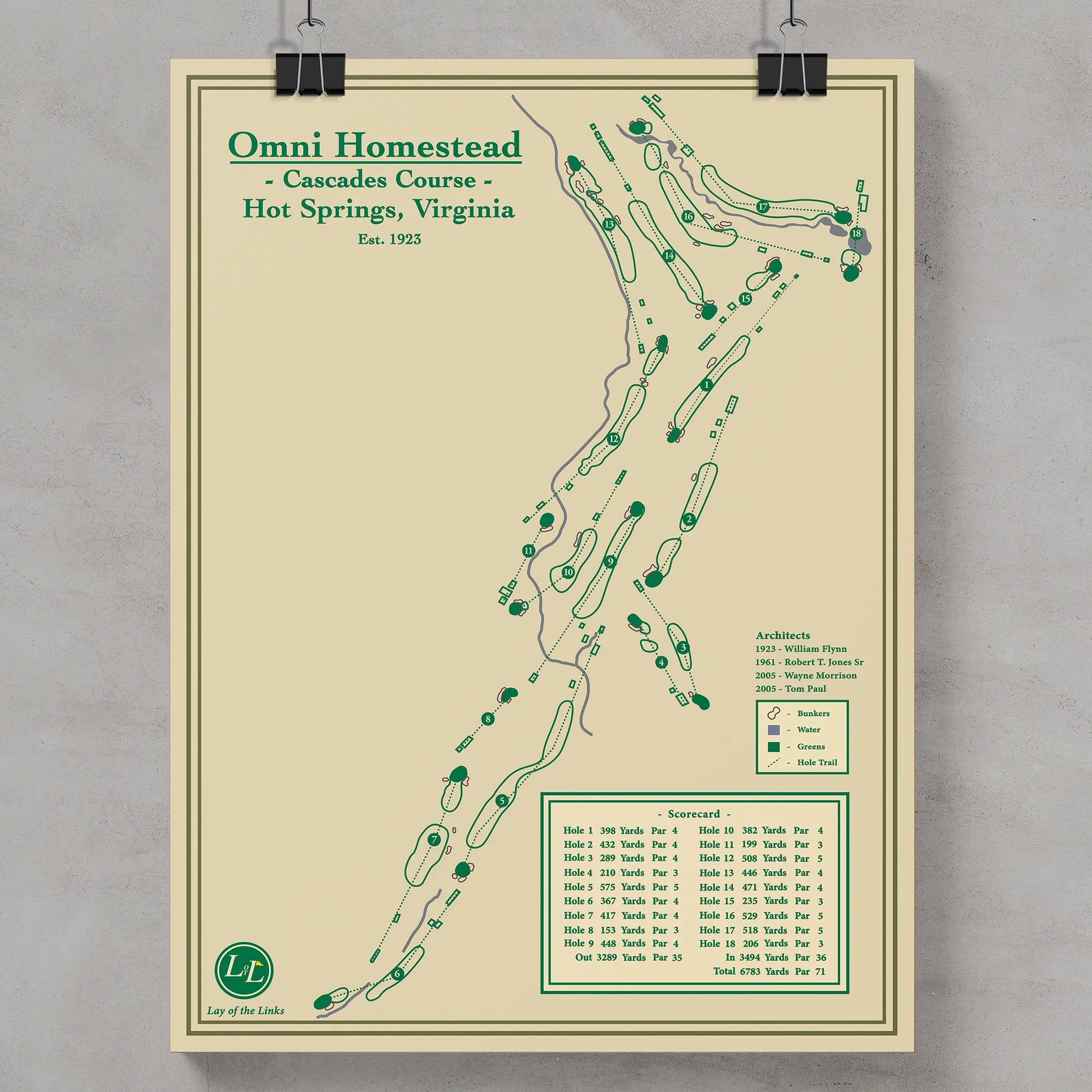 Golf course map blueprint of Omni Homestead Cascades Course in Hot Springs, Virginia, framed on a gray wall.