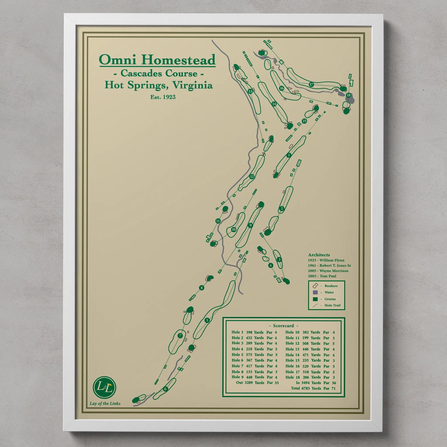 Framed golf course map of Omni Homestead Cascades Course on a beige background