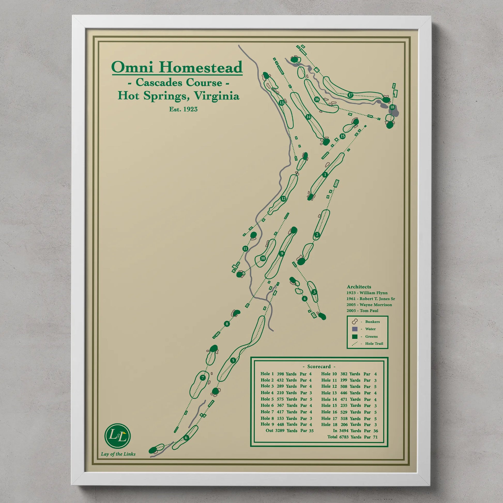 Framed golf course map of Omni Homestead Cascades Course on a beige background