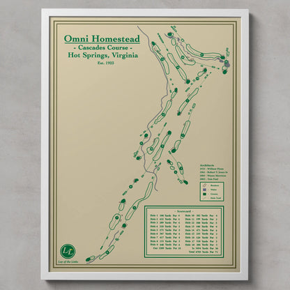 Framed golf course map of Omni Homestead Cascades Course on a beige background