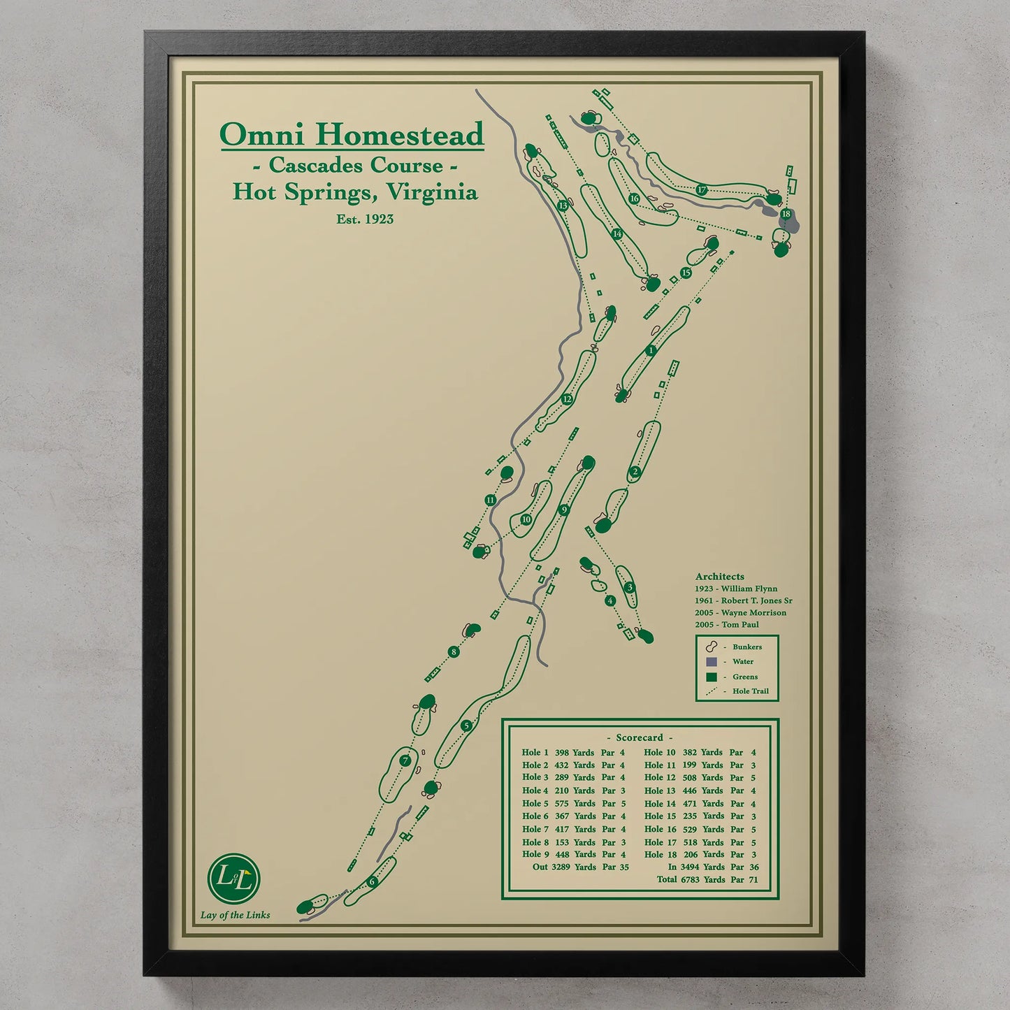 Framed course map of Omni Homestead Cascades Course in Hot Springs, Virginia on a beige background.