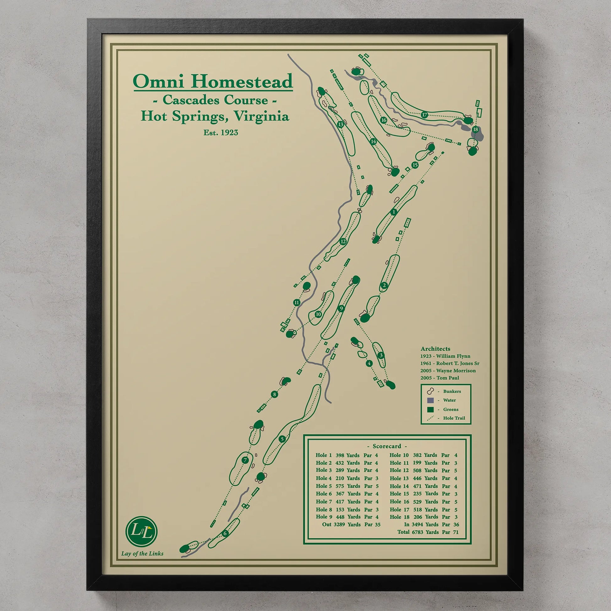 Framed course map of Omni Homestead Cascades Course in Hot Springs, Virginia on a beige background.