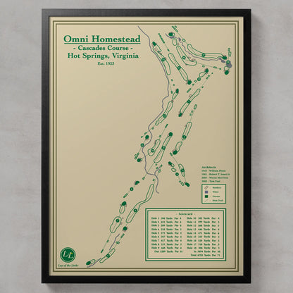 Framed course map of Omni Homestead Cascades Course in Hot Springs, Virginia on a beige background.