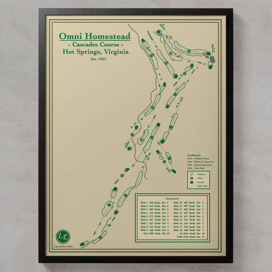 Framed course map of Omni Homestead Cascades Course in Hot Springs, Virginia on a beige background.