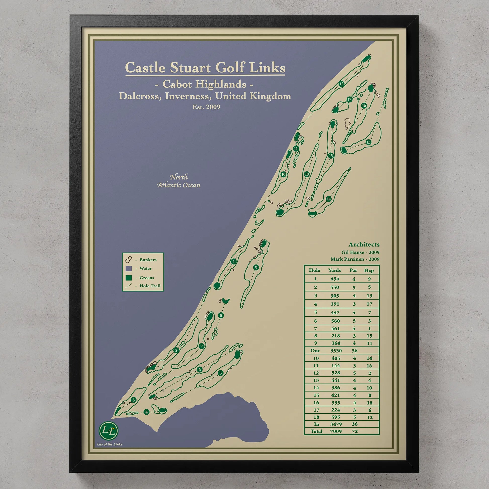 Framed map of Castle Stuart Golf Links in Inverness, United Kingdom