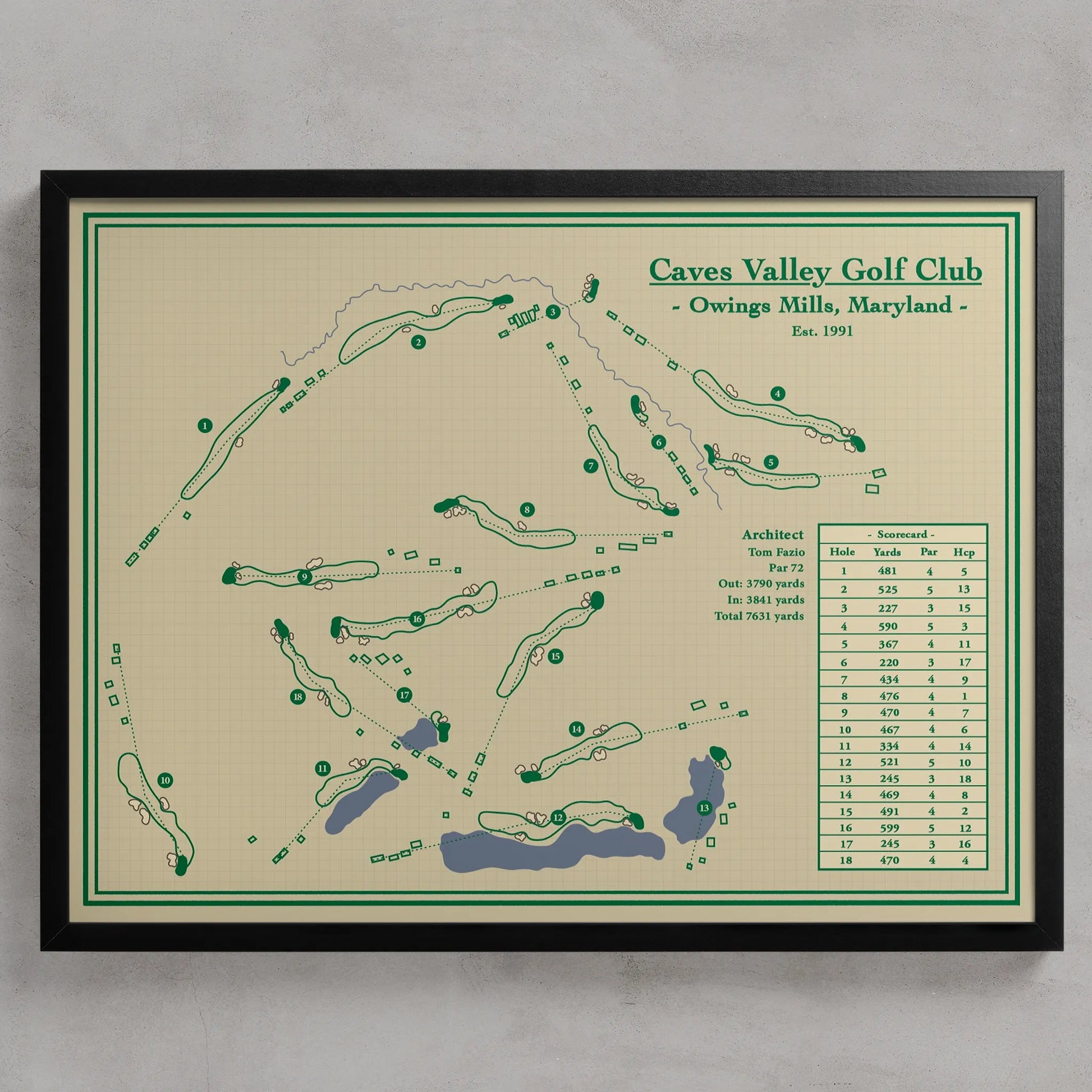 A framed vintage-style golf course map for Caves Valley Golf Club, Owings Mills, Maryland, featuring green course layouts and text on a cream background with a black frame, shown against a light gray wall.