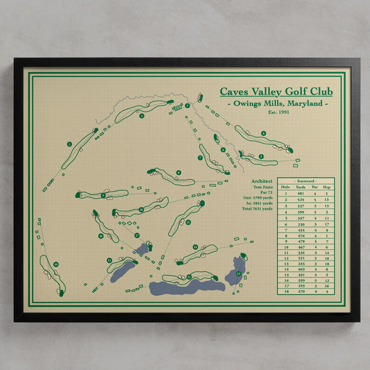 A framed vintage-style golf course map for Caves Valley Golf Club, Owings Mills, Maryland, featuring green course layouts and text on a cream background with a black frame, shown against a light gray wall.