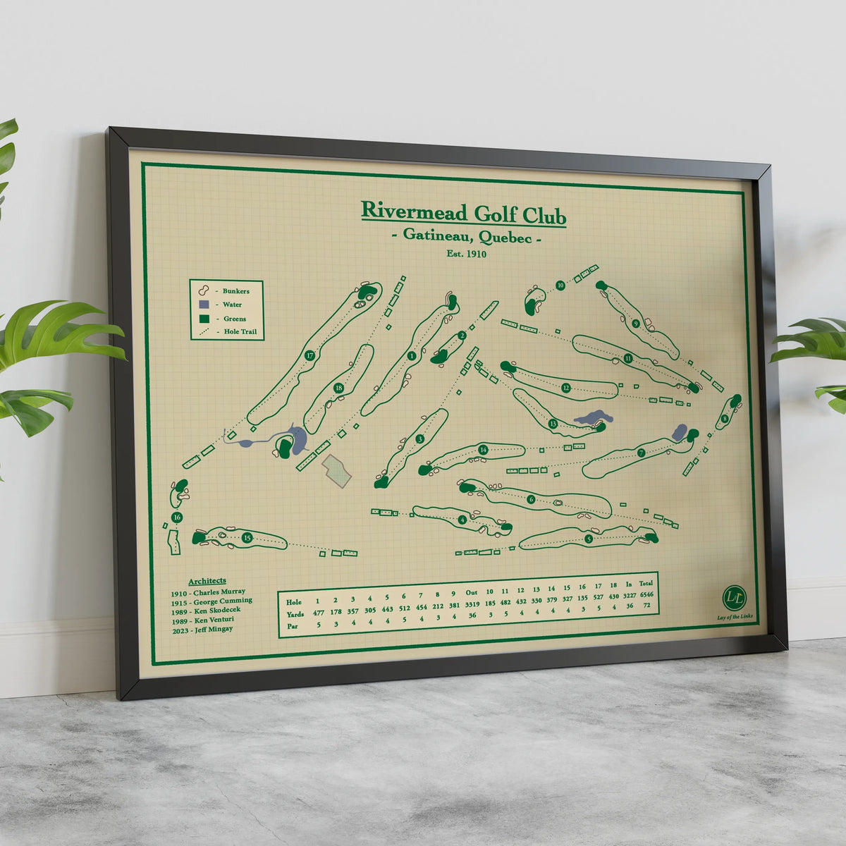 A framed golf course map of Rivermead Golf Club, Gatineau, Quebec