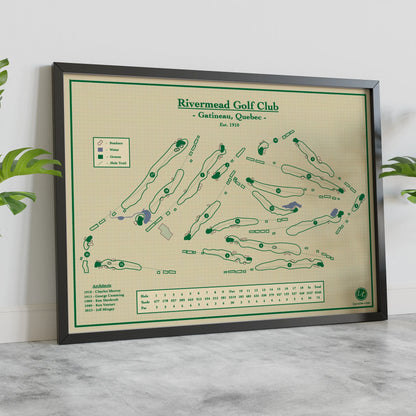 A framed golf course map of Rivermead Golf Club, Gatineau, Quebec