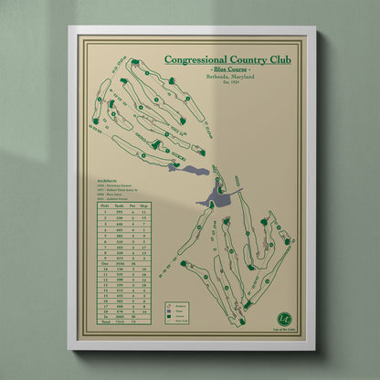 Congressional Country Club map poster print showing the full routing and famous finishing hole over water.