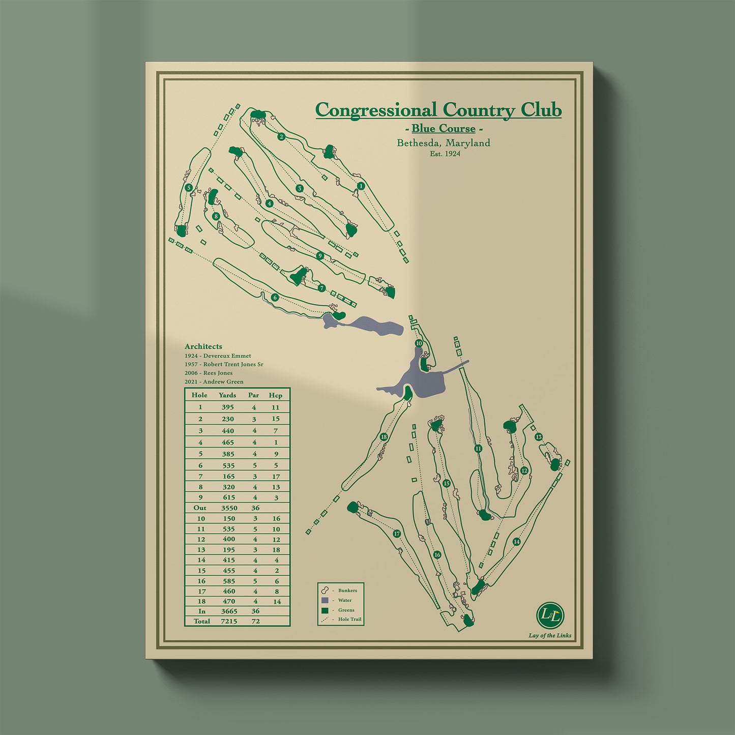 Congressional Blue Course map print in a white frame, featuring the prestigious championship venue in Bethesda, Maryland.