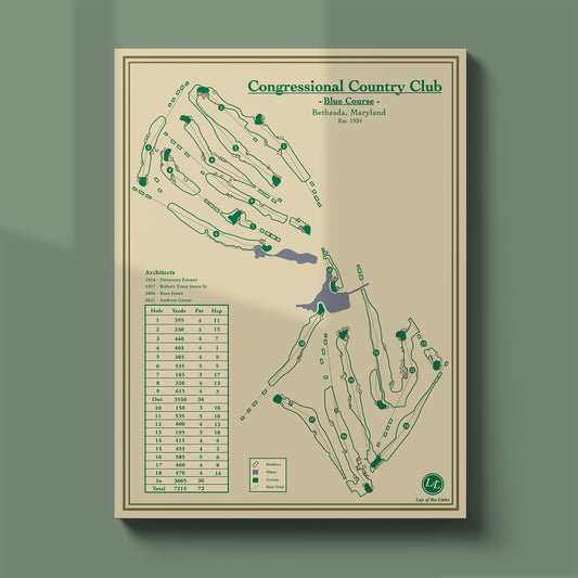 Congressional Blue Course map print in a white frame, featuring the prestigious championship venue in Bethesda, Maryland.