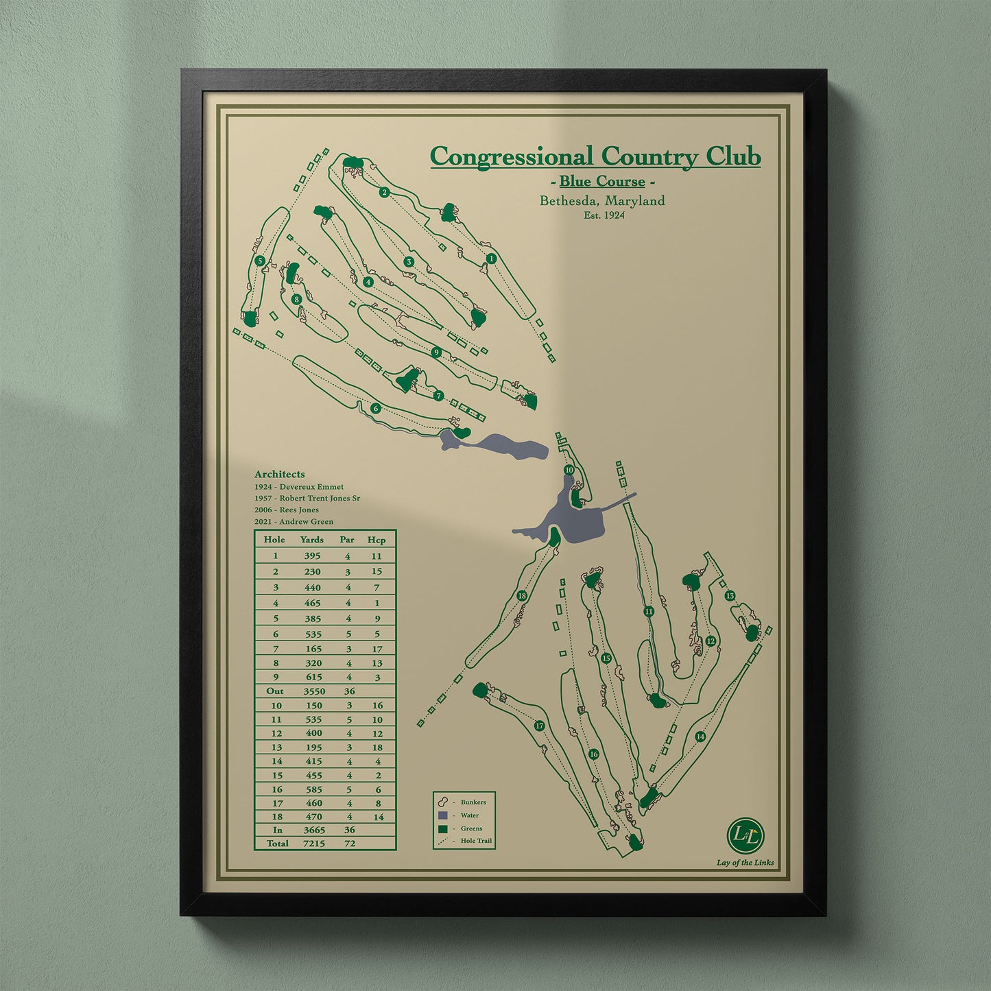 Framed Congressional Country Club Blue Course map in a black wood frame showing the historic US Open layout.