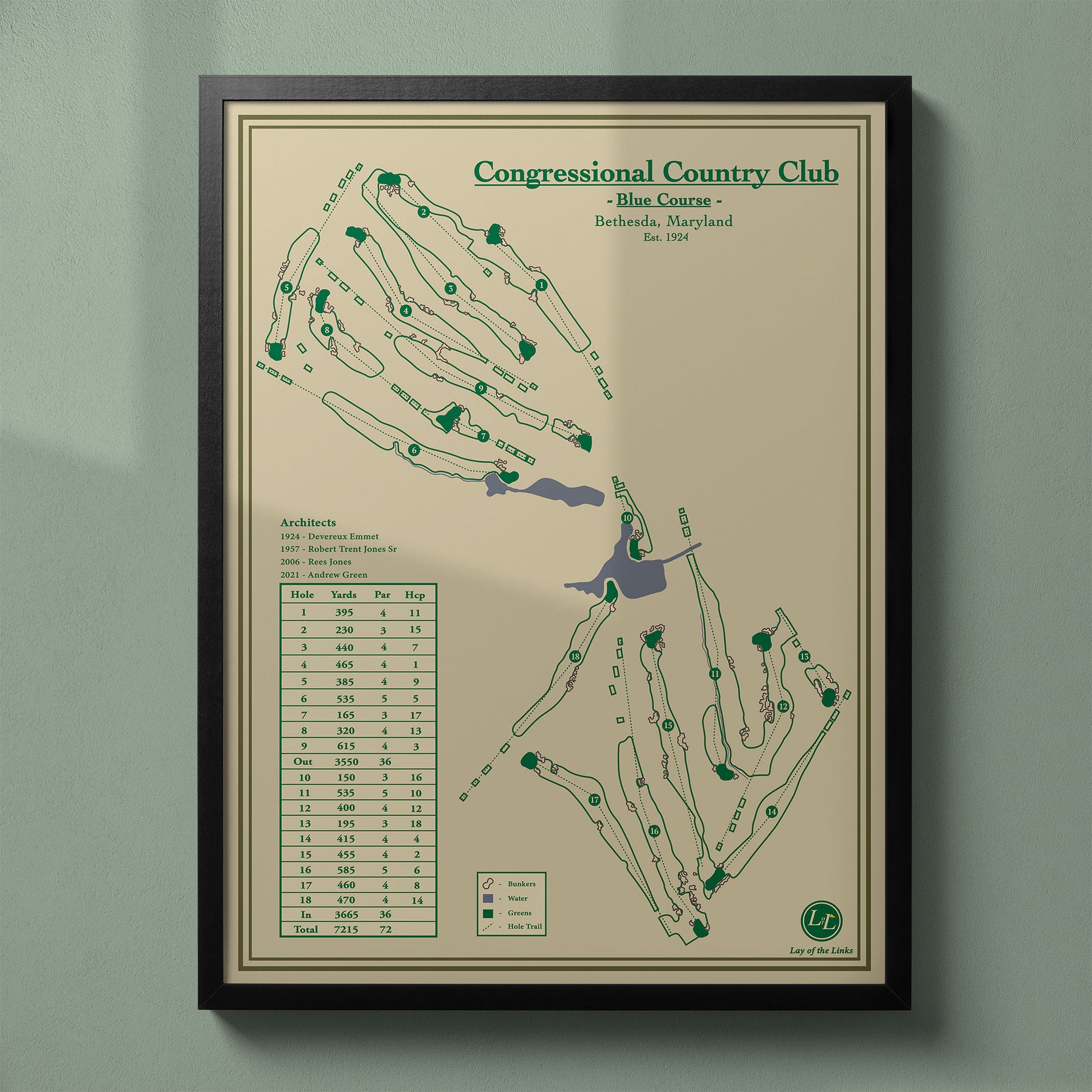 Framed Congressional Country Club Blue Course map in a black wood frame showing the historic US Open layout.