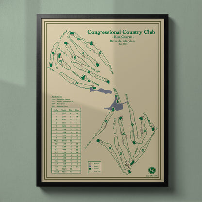Framed Congressional Country Club Blue Course map in a black wood frame showing the historic US Open layout.