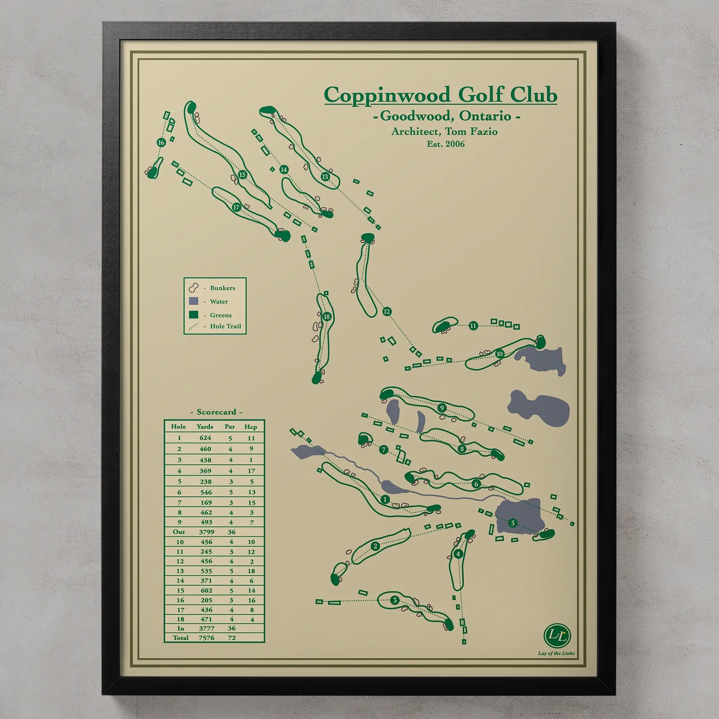 Framed golf course map of Coppinwood Golf Club