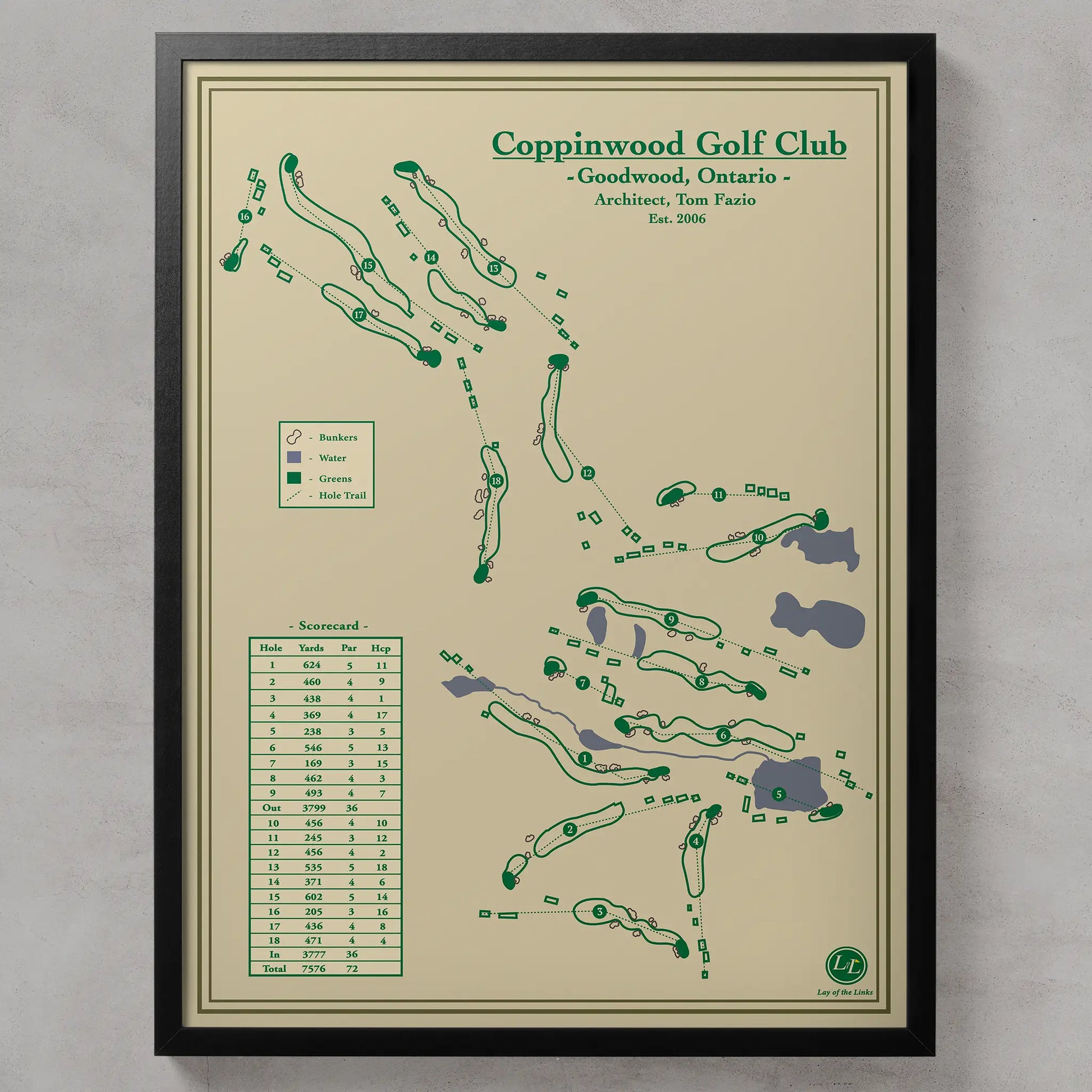 Framed golf course map of Coppinwood Golf Club