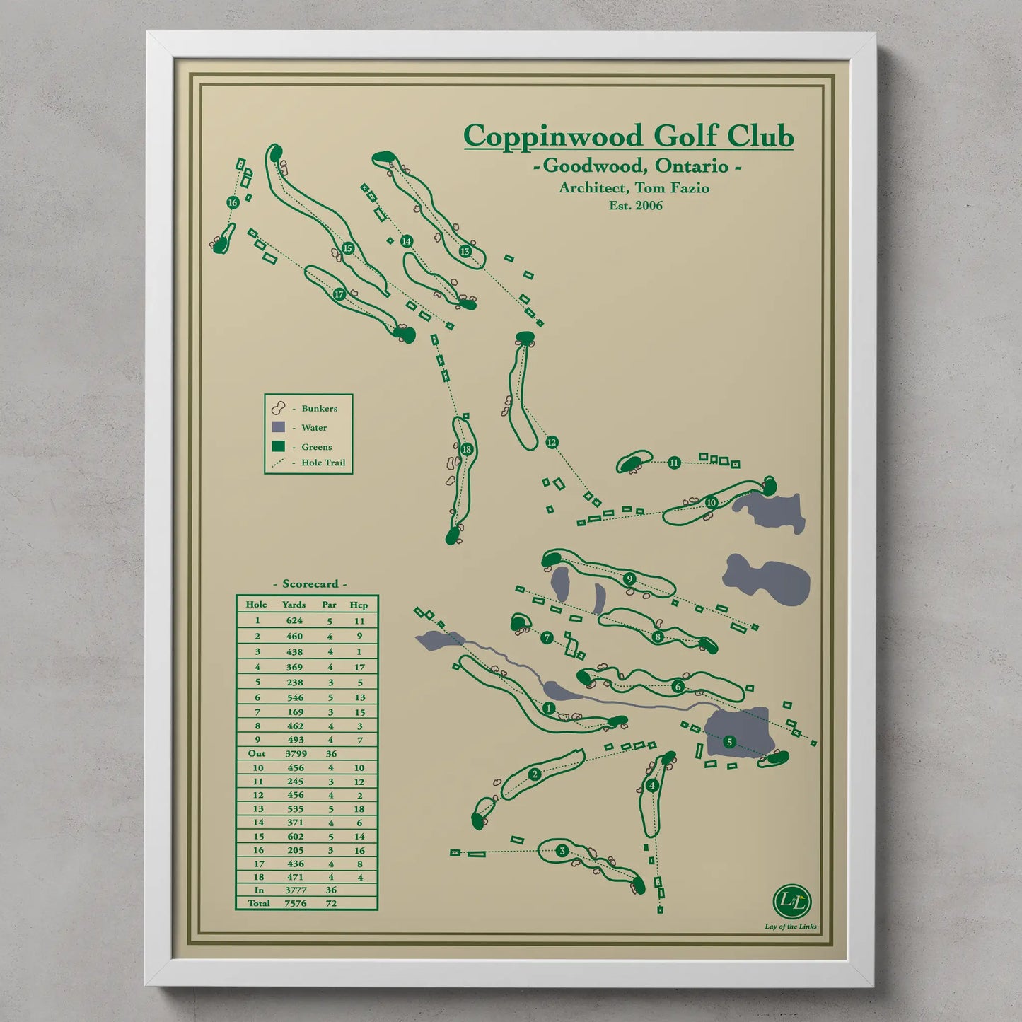 Framed golf course map of Coppinwood Golf Club on a beige background