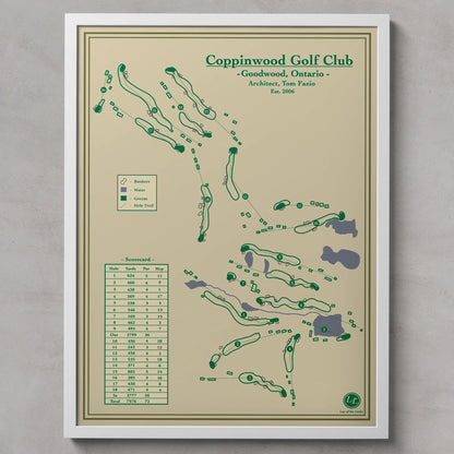 Framed golf course map of Coppinwood Golf Club on a beige background