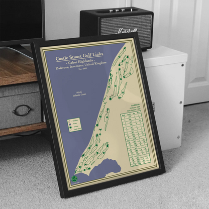 Framed map of Castle Stuart Golf Links on a carpeted floor with a speaker in the background.