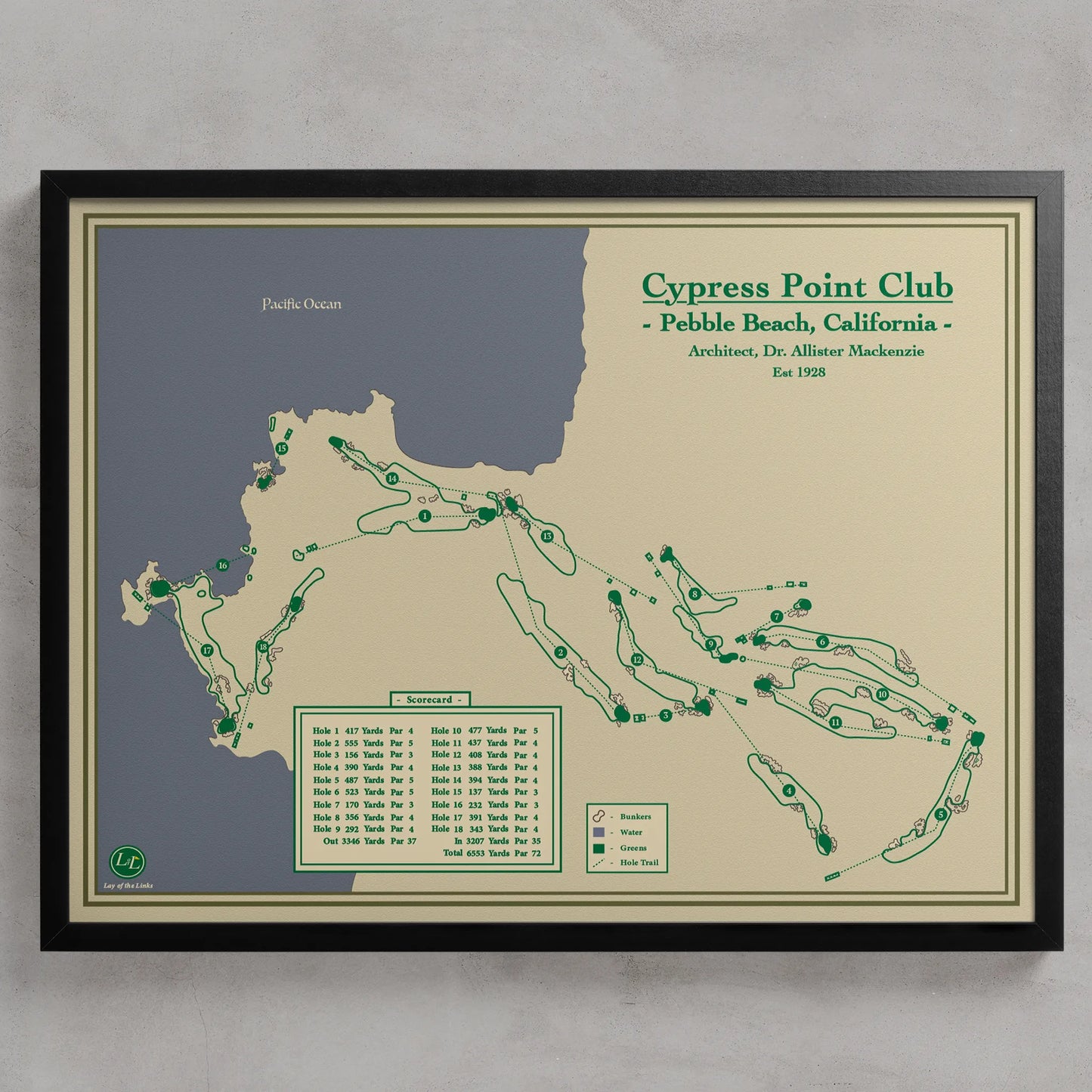 Framed course map of Cypress Point Club in Pebble Beach, California designed by Lay of the Links