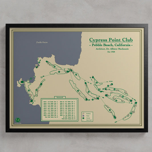 Framed course map of Cypress Point Club in Pebble Beach, California designed by Lay of the Links