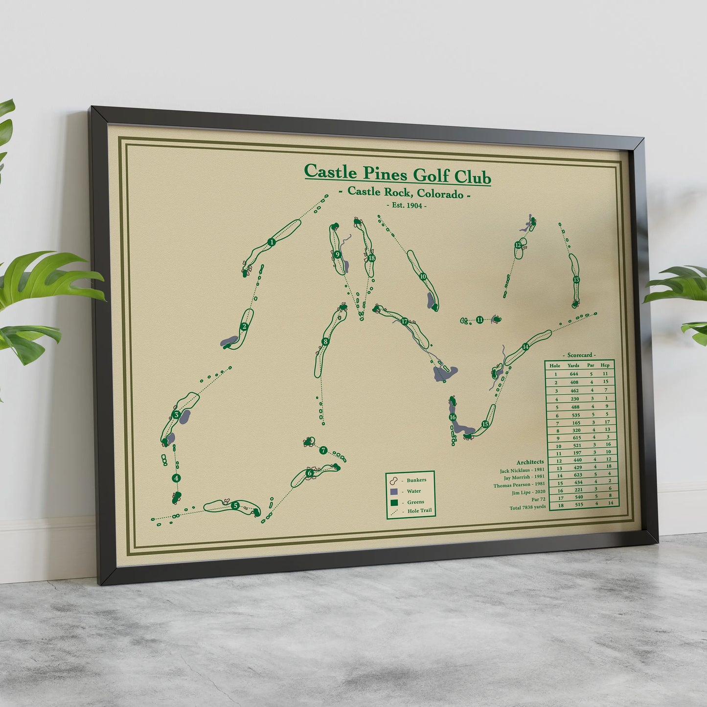 Framed course map of Castle Pines Golf Club on a neutral background