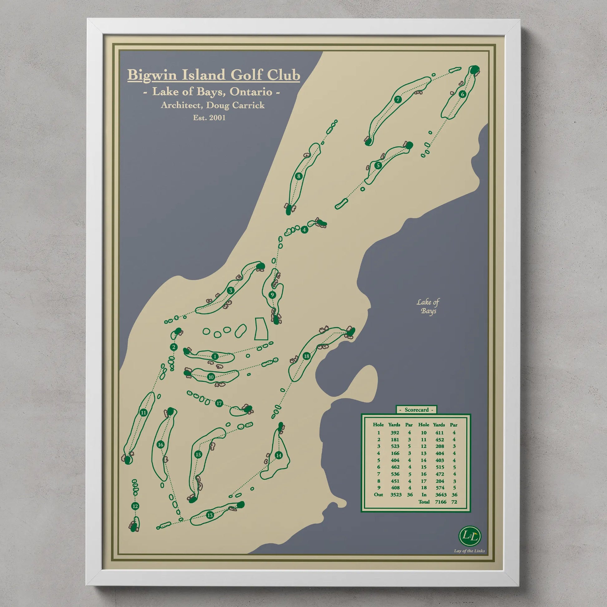 Map of Bigwin Island Golf Club with green markers on a gray background