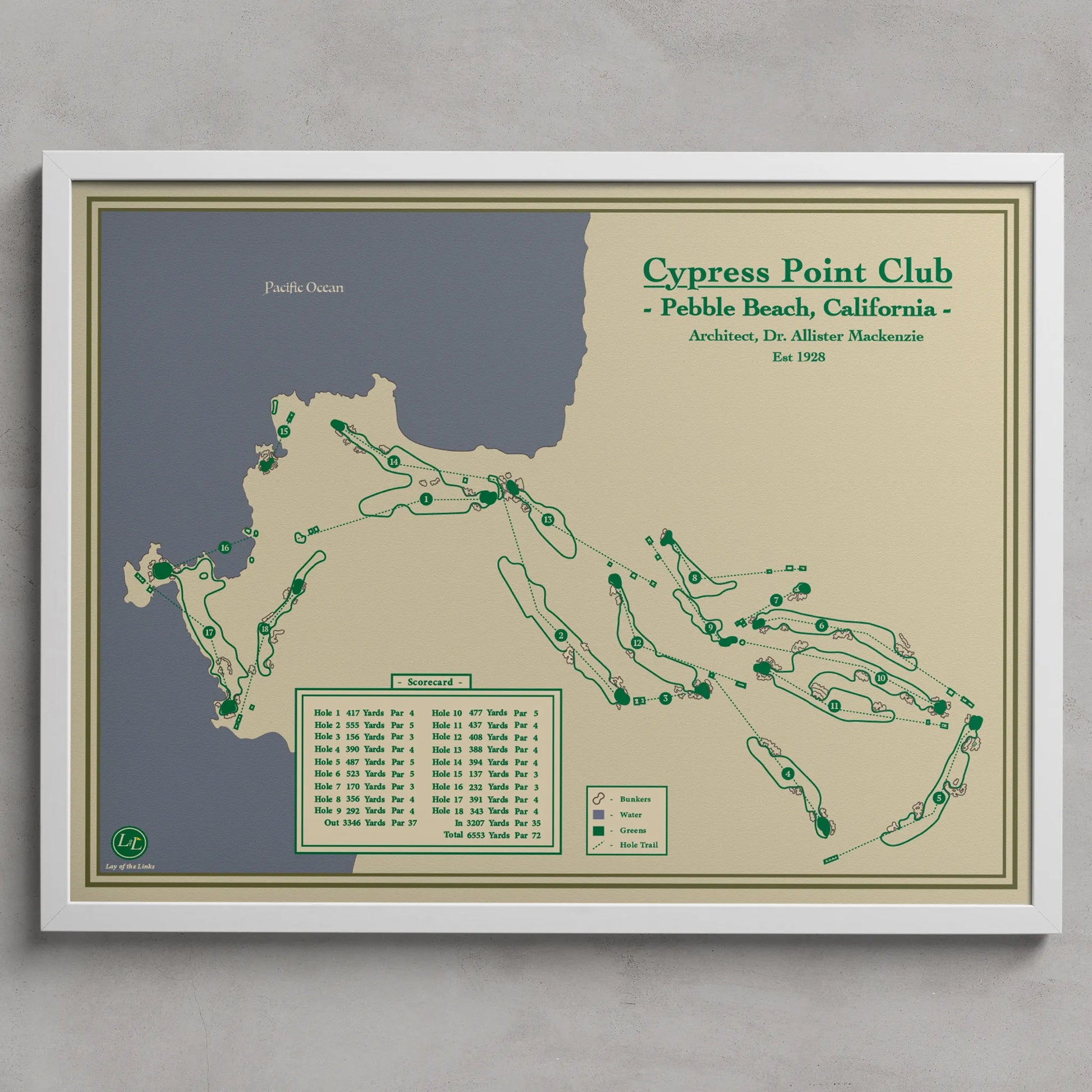 Cypress Point Golf Course Map Print - White Frame
