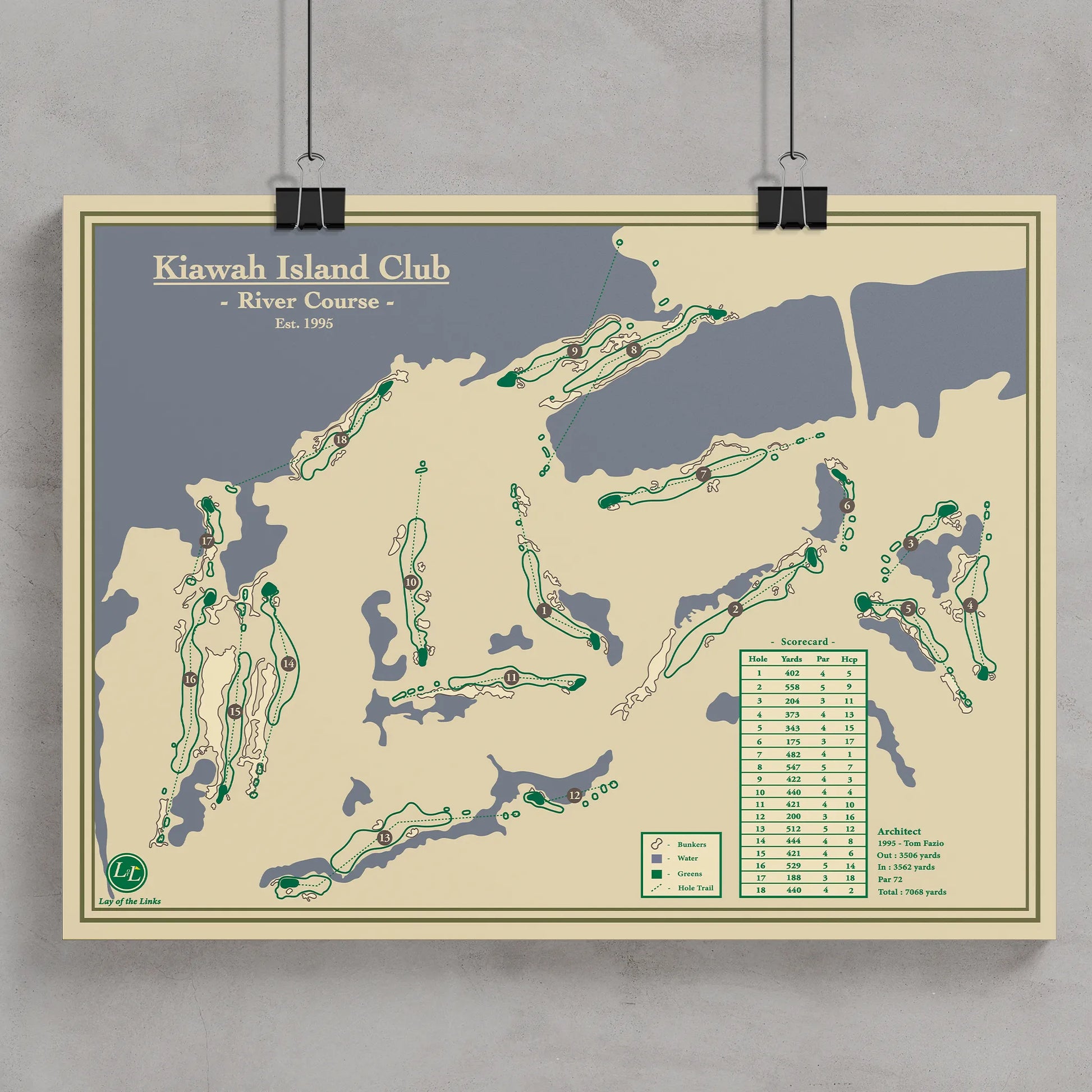 Kiawah Island River Course map poster print showing the routing winding through ancient oaks and the Kiawah River.