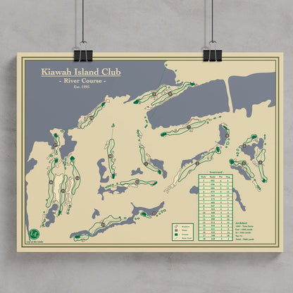Kiawah Island River Course map poster print showing the routing winding through ancient oaks and the Kiawah River.