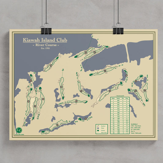 Kiawah Island River Course map poster print showing the routing winding through ancient oaks and the Kiawah River.
