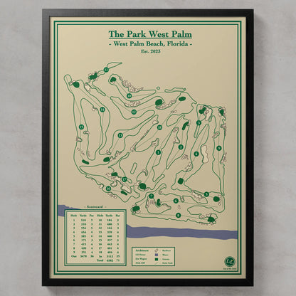 Framed The Park West Palm map in a black wood frame showing the Gil Hanse design and sprawling sandy waste areas.