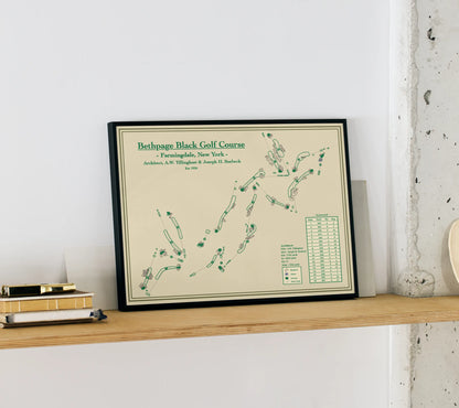 Framed map of Bethpage Black Golf Course on a wooden shelf.