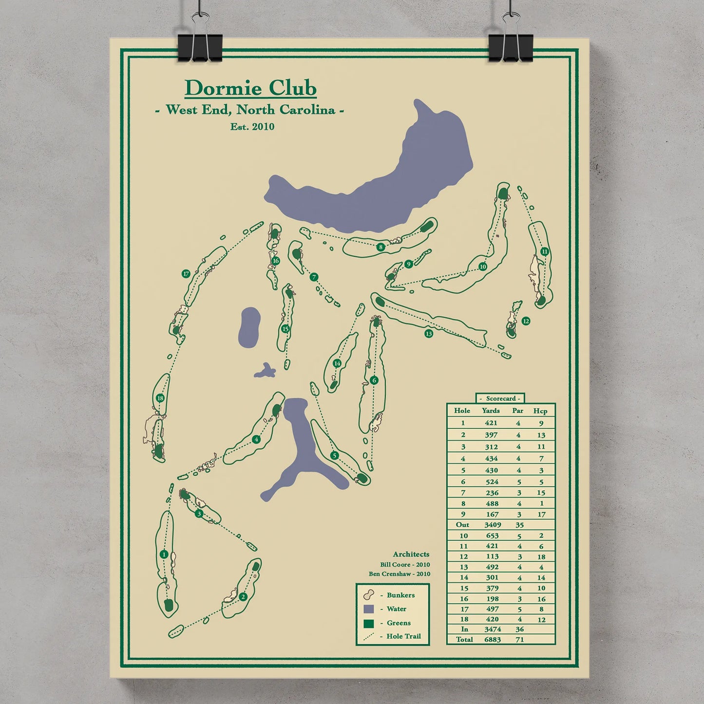 Golf course map of Dormie Club with course layout and hole information on a beige background.