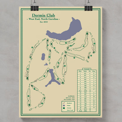 Golf course map of Dormie Club with course layout and hole information on a beige background.
