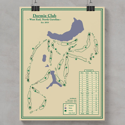 Golf course map of Dormie Club with course layout and hole information on a beige background.