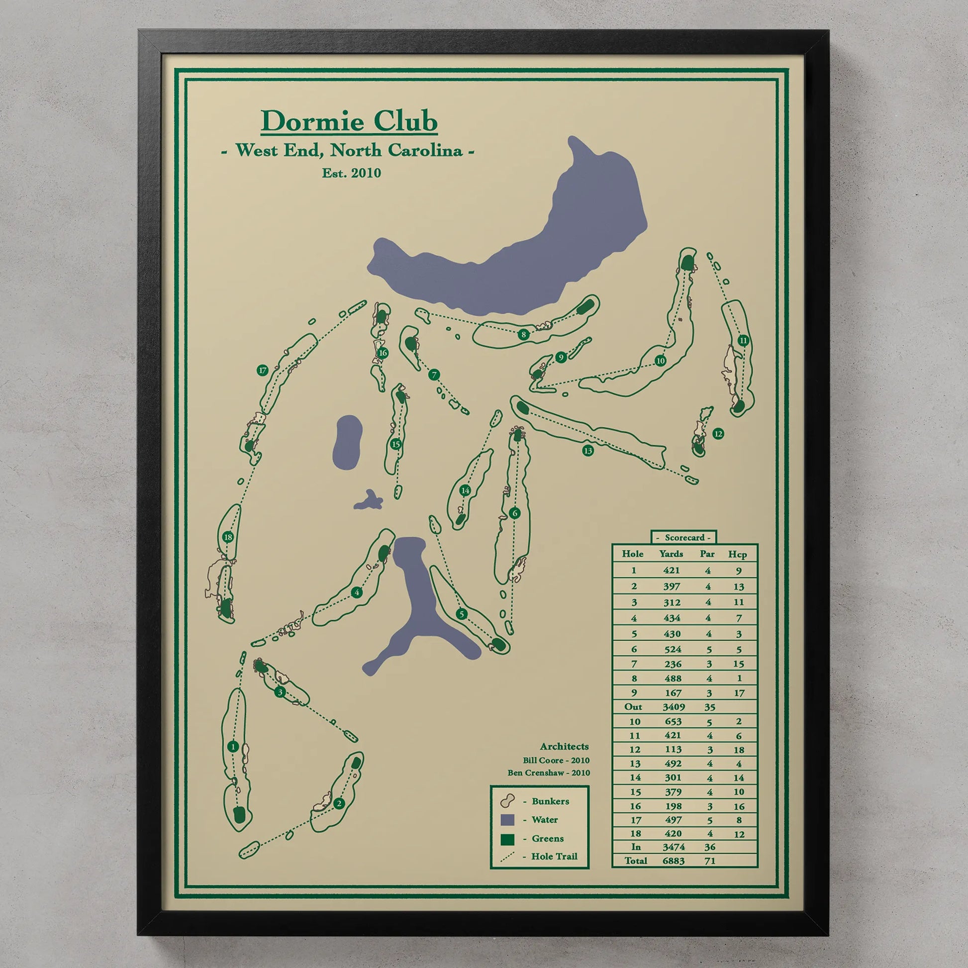 Framed course map print of the Dormie Club 