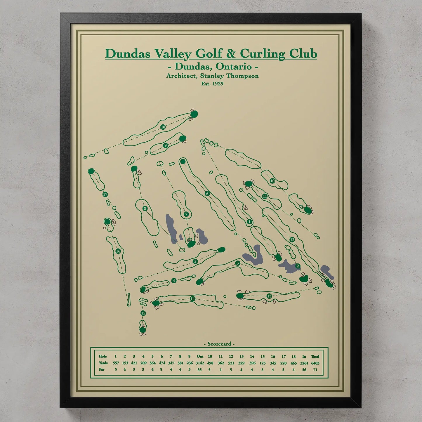 Framed map of Dundas Valley Golf & Curling Club with green text and design on a beige background.