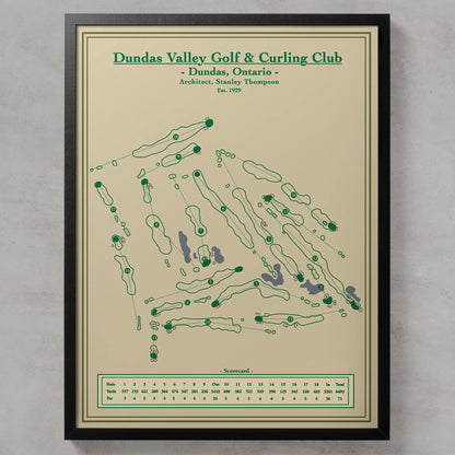 Framed map of Dundas Valley Golf & Curling Club with green text and design on a beige background.