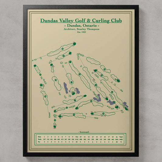 Framed map of Dundas Valley Golf & Curling Club with green text and design on a beige background.