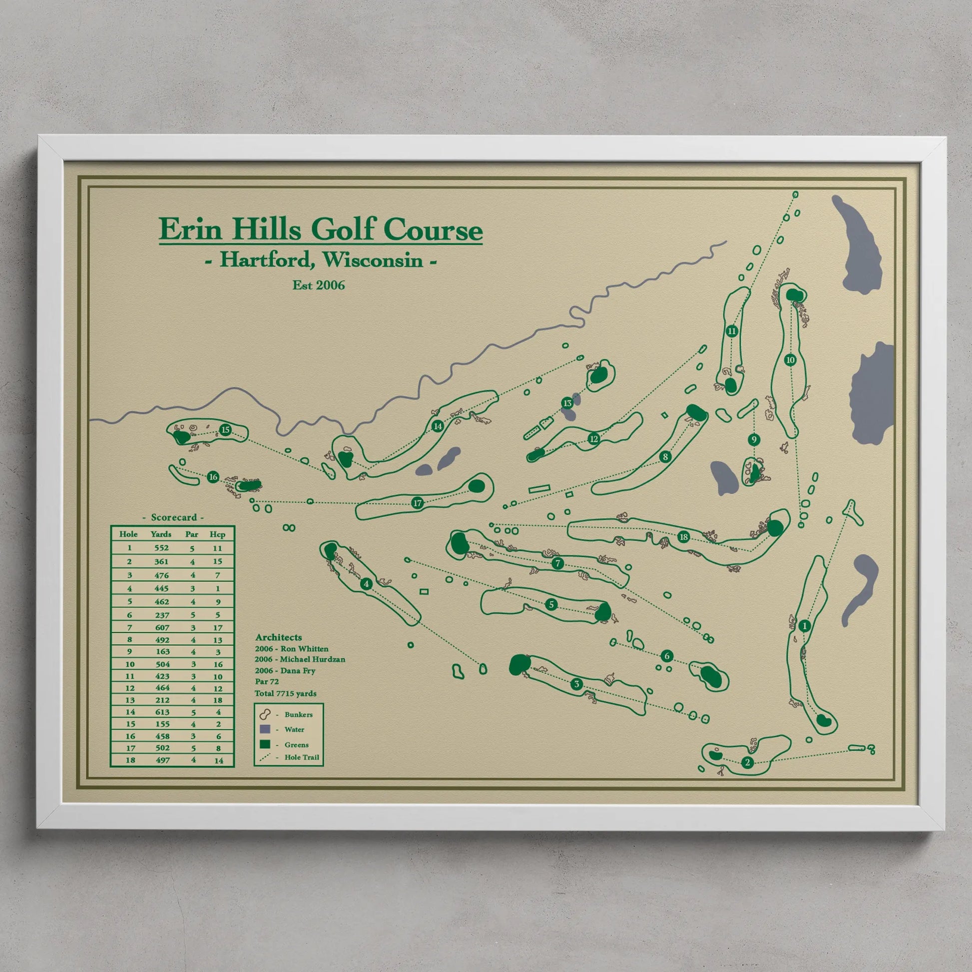 Framed map of Erin Hills Golf Course in Hartford, Wisconsin on a beige background